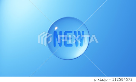 丸い水滴の中にNEWという文字。アイコン。3D(横長) 丸い水滴の中にNEWという文字。アイコン。3D(横長) 112594572