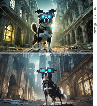 A dog wearing goggles stands in a ruined space (2 images) | Edit adobe AI generated image that clears copyright issues 112594630