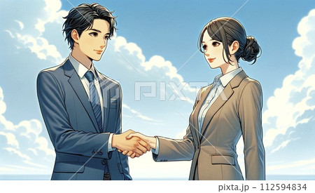 青空の下でスーツを着た若い男性と若い女性が握手をしているところ 112594834