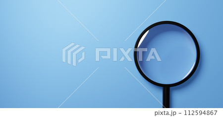 水色背景に虫眼鏡。コピースペース。3D(俯瞰)(横長) 水色背景に虫眼鏡。コピースペース。3D(俯瞰)(横長) 112594867