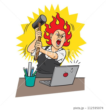 Woman Attacking Computer With Hammerのイラスト素材 [112595074] - PIXTA