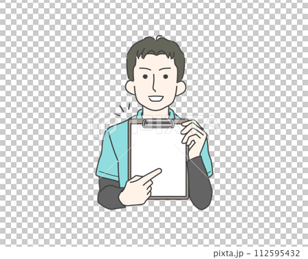 見積書などの書類を指差して説明する作業着を着た男性 112595432