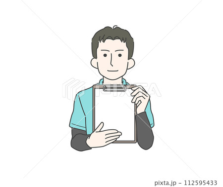 見積書などの書類を丁寧に提示する作業着の男性 112595433
