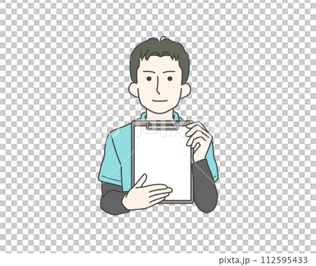 見積書などの書類を丁寧に提示する作業着の男性 112595433
