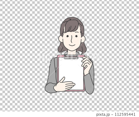 書類（見積もり、契約）を提示する笑顔の女性 112595441