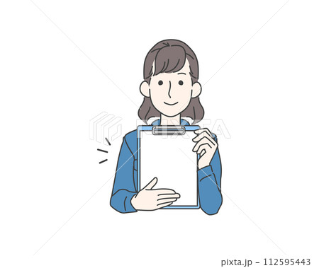 書類（見積もり、契約）を提示する笑顔の女性 112595443