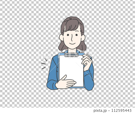 書類（見積もり、契約）を提示する笑顔の女性 112595443
