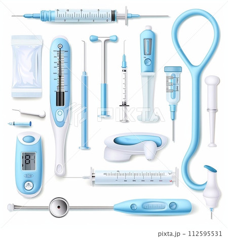 Medical Equipment Set: Thermometers, Syringes, Stethoscope, Pressure Measuring Device, etc. 112595531