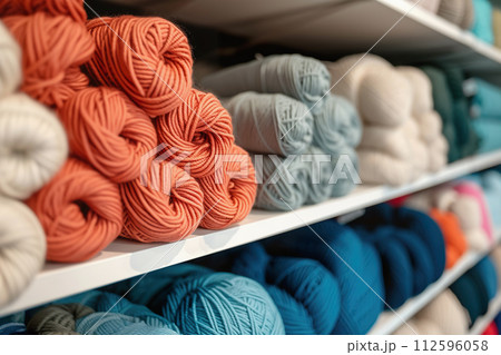 AI-generated content. Colorful Yarn and Wool Balls Assortment Display in Craft DIY Store Shelves AI-generated content. Colorful Yarn and Wool Balls Assortment Display in Craft DIY Store Shelves 112596058