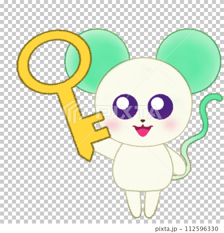 一隻老鼠舉起手並握住鑰匙的蠟筆插圖 一隻老鼠舉起手並握住鑰匙的蠟筆插圖 112596330