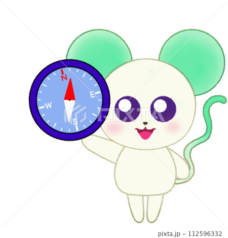 手をあげて方位磁石を持つネズミのクレヨンイラスト 112596332