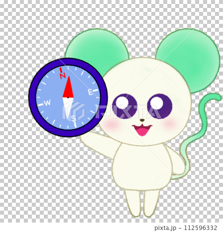 手をあげて方位磁石を持つネズミのクレヨンイラスト 112596332