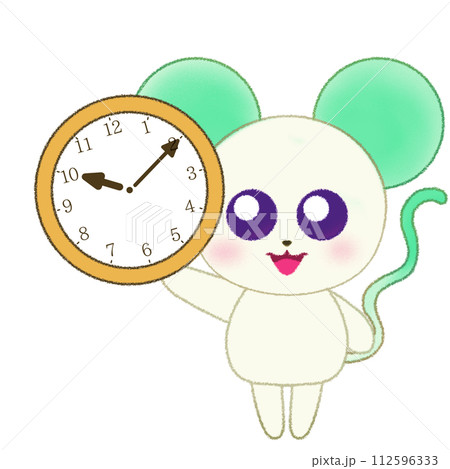 手をあげて時計を持つネズミのクレヨンイラスト 手をあげて時計を持つネズミのクレヨンイラスト 112596333
