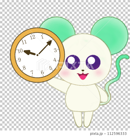 手をあげて時計を持つネズミのクレヨンイラスト 手をあげて時計を持つネズミのクレヨンイラスト 112596333