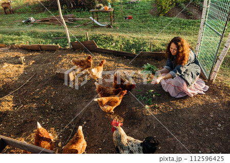 Country life, city woman feeding chickens with fresh grass. Contented middle-aged city woman enjoying country life and smiling while feeding a flock of chickens during her country holiday 112596425
