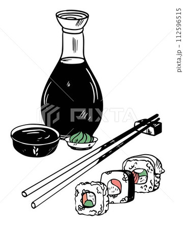 Various sushi asian food hand drawn vector set with chopsticks and soy sauce isolated on white Various sushi asian food hand drawn vector set with chopsticks and soy sauce isolated on white 112596515