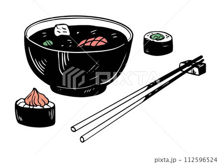 Asian miso soup bowl hand drawn vector set with plate chopsticks and sushi isolated on white  112596524