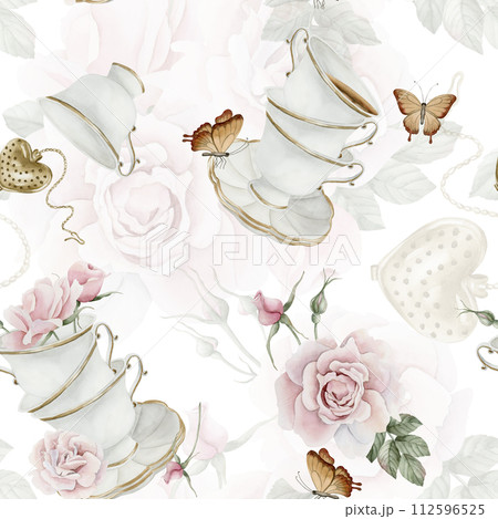 Rose hip pink flowers, red berries, leaves, white porcelain teaware and brown butterflies, watercolor seamless pattern on white background. For use in design, fabric, textile, scrapbooking, wallpaper, Rose hip pink flowers, red berries, leaves, white porcelain teaware and brown butterflies, watercolor seamless pattern on white background. For use in design, fabric, textile, scrapbooking, wallpaper, 112596525