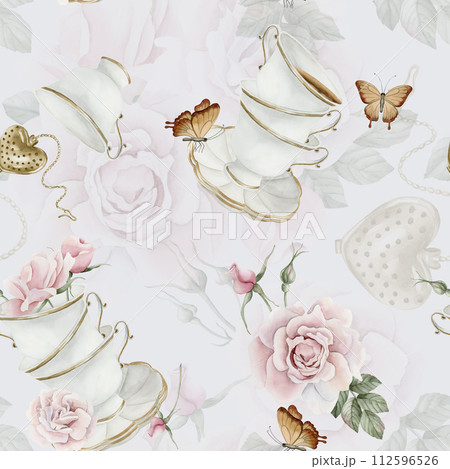 Rose hip pink flowers, red berries, leaves, white porcelain teaware and brown butterflies, watercolor seamless pattern on light blue background. For use in design, fabric, textile, scrapbooking, wallp 112596526