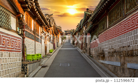 Traditional Korean style architecture at Bukchon Hanok Village in Seoul, South Korea, Bukchon Hanok Village in Seoul, South Korea. 112596672