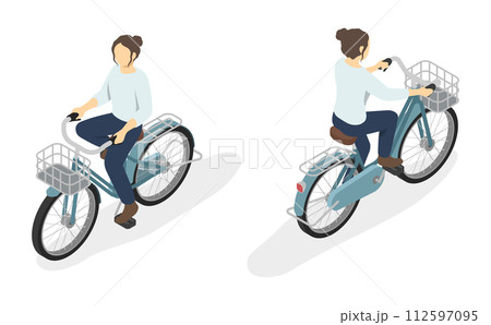 アイソメトリックイラスト:自転車に乗る女性 112597095