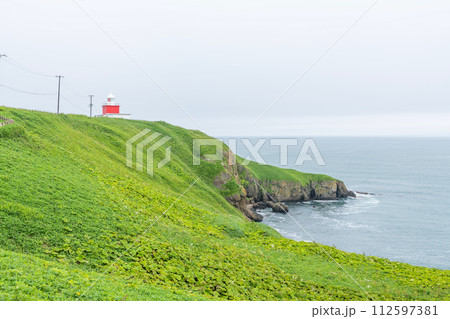 北海道厚岸郡　霧で有名な夏の霧多布岬と湯沸岬灯台 112597381