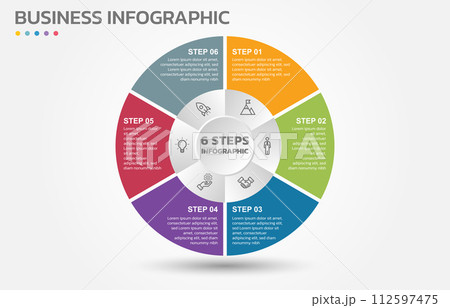 Visual data presentation. Cycle diagram with 6 options. Pie Chart Circle infographic template with 6 steps, options, parts, segments. Business concept. Marketing infographic vector illustration. Visual data presentation. Cycle diagram with 6 options. Pie Chart Circle infographic template with 6 steps, options, parts, segments. Business concept. Marketing infographic vector illustration. 112597475