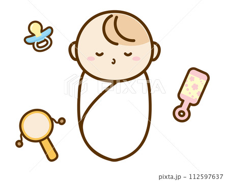 寝ている赤ちゃんとおしゃぶりなどのベビーグッズのイラスト 寝ている赤ちゃんとおしゃぶりなどのベビーグッズのイラスト 112597637
