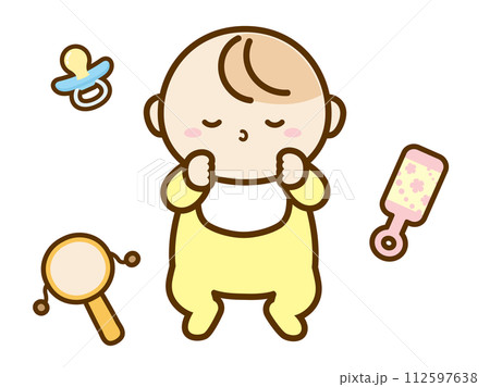 寝ている赤ちゃんとベビー用品のイラスト 112597638