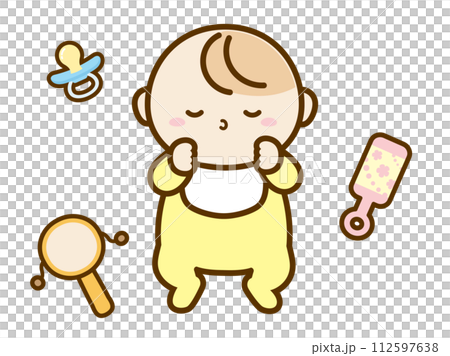 睡覺的嬰兒和嬰兒用品的插圖 睡覺的嬰兒和嬰兒用品的插圖 112597638