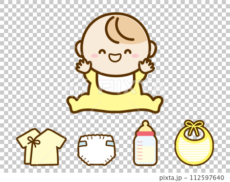 微笑嬰兒和嬰兒用品插圖集 112597640