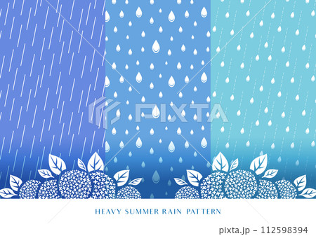 雨のパターン背景と紫陽花のシルエット(梅雨のシームレス模様) 雨のパターン背景と紫陽花のシルエット(梅雨のシームレス模様) 112598394