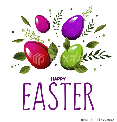 Spring red and violet eggs with the text Happy Easter and with leaves. Vector clipart for design 112598632