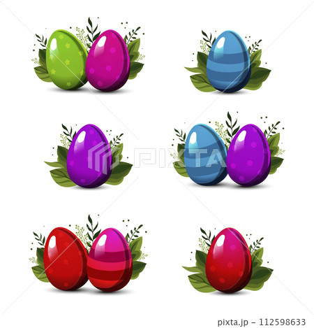 Set of colorful Easter striped eggs with polka dots with green leaves. Vector for design Set of colorful Easter striped eggs with polka dots with green leaves. Vector for design 112598633