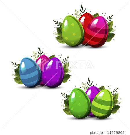 Set of colorful Easter striped eggs with polka dots with green leaves. Vector for design Set of colorful Easter striped eggs with polka dots with green leaves. Vector for design 112598634