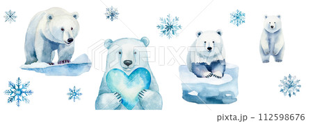 水彩で描いたシロクマと雪の結晶のイラスト 水彩で描いたシロクマと雪の結晶のイラスト 112598676