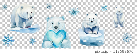 水彩で描いたシロクマと雪の結晶のイラスト 水彩で描いたシロクマと雪の結晶のイラスト 112598676