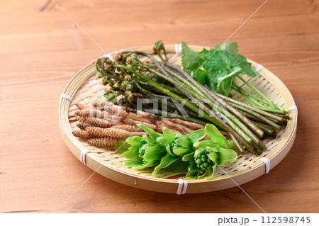 ザルに盛った春の食材 （ ふきのとう 蕨 三つ葉 つくし ) 112598745