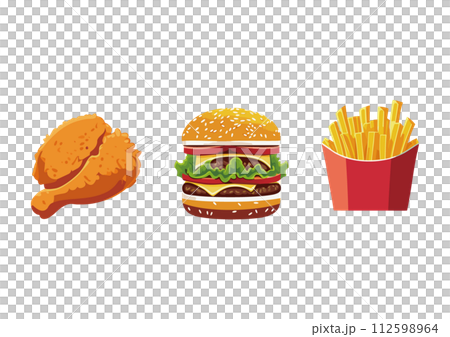 漢堡、炸雞、炸薯條的垃圾食物（速食）插畫素材 112598964