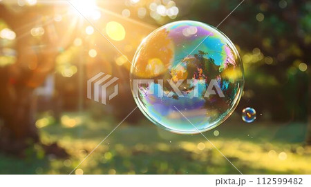Colorful soap bubble floating gently in warm sunlight. outdoor fun and childhood nostalgia. beautiful, delicate, and vibrant. captured in high detail against a blurred natural background. AI 112599482
