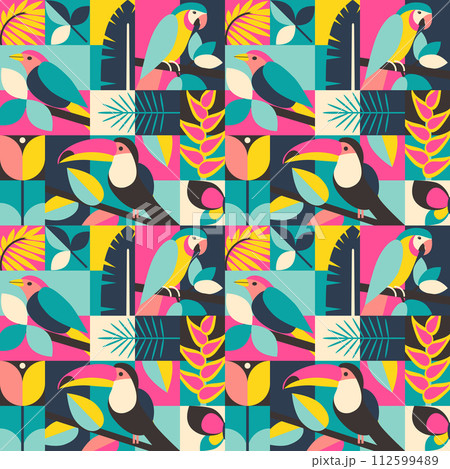 Vector summer seamless pattern assembled from squares with natural elements, birds, flowers and geometric ornaments. Vector endless background in modern style 112599489
