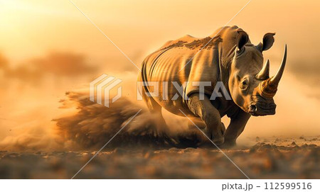 Majestic rhinoceros charging through dusty savanna at sunset. dynamic wildlife photography capturing nature's power. perfect for editorial use. AI 112599516