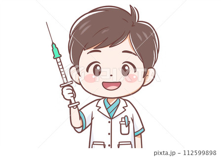 注射器を持つ笑顔の医師 112599898