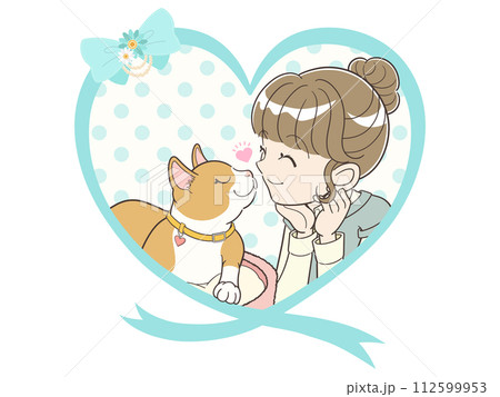 ラブラブな猫と飼い主女性のかわいいハートフレーム【文字なし】 ラブラブな猫と飼い主女性のかわいいハートフレーム【文字なし】 112599953