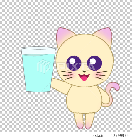 コップに入った水を持っているネコのクレヨンイラスト 112599979