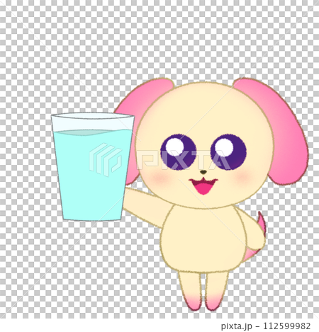 コップに入った水を持っているイヌのクレヨンイラスト コップに入った水を持っているイヌのクレヨンイラスト 112599982
