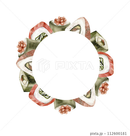 Watercolor japanese sushi , rolls and sashimi round frame. Hand drawn sea food with salmon, caviar ,illustration for restaurant, bar, cafe, menu design. 112600181