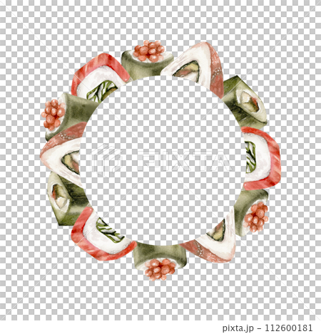 Watercolor japanese sushi , rolls and sashimi round frame. Hand drawn sea food with salmon, caviar ,illustration for restaurant, bar, cafe, menu design. 112600181