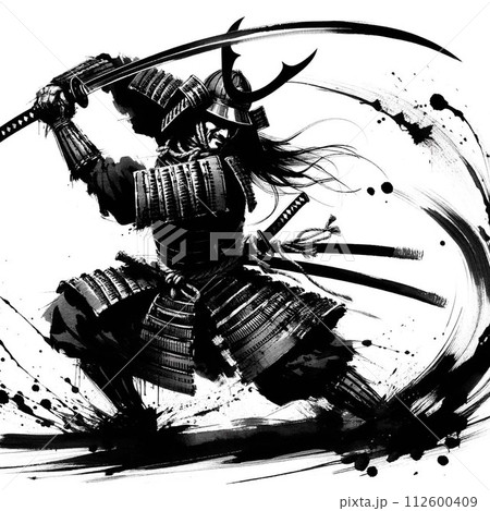 刀を振り上げている武者の水墨画 112600409