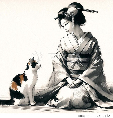 着物女性と猫 着物女性と猫